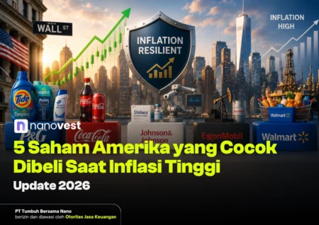 5 Saham Amerika yang Cocok Dibeli Saat Inflasi Tinggi (Update 2026) Collage showing inflation-resilient stocks with brand logos (Walmart, Coca‑Cola, ExxonMobil) and a shield marked Inflation Resilient over a city skyline and groceries.