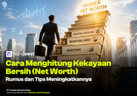 Businessman in a suit with a briefcase climbs a staircase labeled Investing, Reducing Debt, Financial Discipline toward 'Higher Net Worth' in a cityscape.