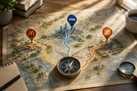 Rekomendasi Saham Hari Ini: MCD, V, HD (10 Juni 2026) Map on a desk with colored routes and pins for McDonald's, Visa, and Home Depot, plus a compass and magnifying glass.