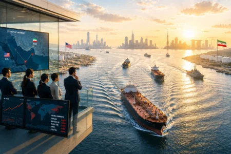Ketegangan AS-Iran Kembali Tekan Saham Global Group of professionals on a balcony overlooking busy shipping lanes and a skyline at sunset, with large screens displaying maps and market data.