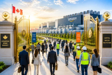 Amazon Cetak Rekor Baru di Pasar Obligasi Kanada Professionals in suits walk toward a modern Amazon campus behind ornate gates and a Canadian flag.
