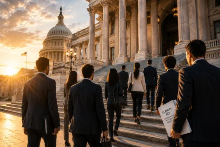 A line of businesspeople in suits ascend the marble steps of a grand capitol building at sunset, one holding a folder labeled Clarity Act