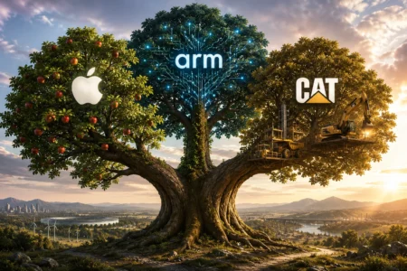 Rekomendasi Saham Hari Ini: AAPL, ARM, CAT (12 Juni 2026) Tree with three logos: Apple on the left, ARM in the center, and CAT on the right among branches and construction gear above a landscape.