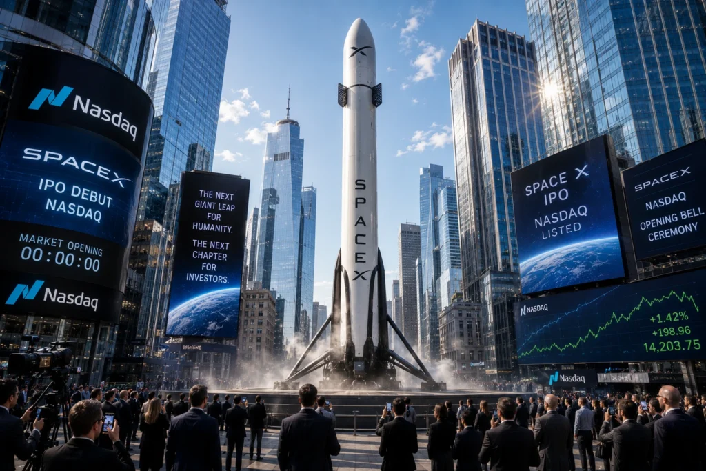 Debut SpaceX di Nasdaq Jadi Sorotan Investor Global SpaceX rocket on a launch pad amid towering Nasdaq signage and skyscrapers, surrounded by suited crowds watching a livestream event.