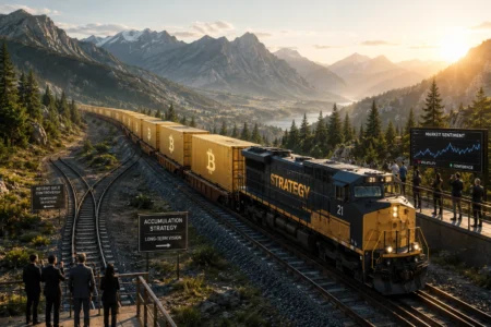Strategy Kembali Borong Bitcoin Setelah Penjualan Kontroversial Locomotive labeled STRATEGY pulls a long line of yellow container cars along a mountain railway as spectators watch from a platform, with a market-chart display nearby.