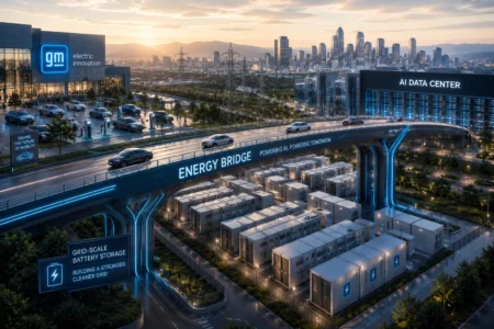 GM Perluas Bisnis Baterai ke Penyimpanan Energi Jaringan Futuristic GM electric innovation campus at sunset with a glowing Energy Bridge over battery storage rows and an AI Data Center in the distance, skyline in the background.