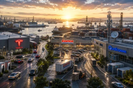 Sunset at a busy harbor with cranes and shipping containers; in the foreground, Costco, Tesla, and Qualcomm buildings with vehicles and trucks.