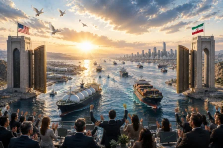 Conference audience cheers as massive cargo ships sail through open gates flanked by US and Iran flags at sunset, symbolizing a new trade corridor.