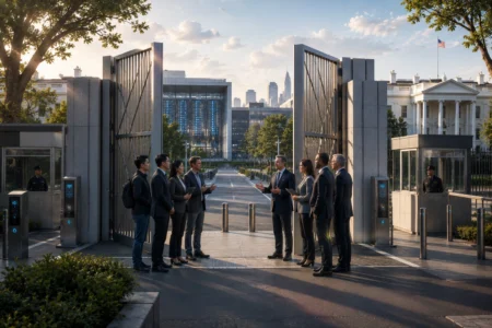 Group of professionals in suits facing each other and discussing at a secure gate with a city skyline in the distance.