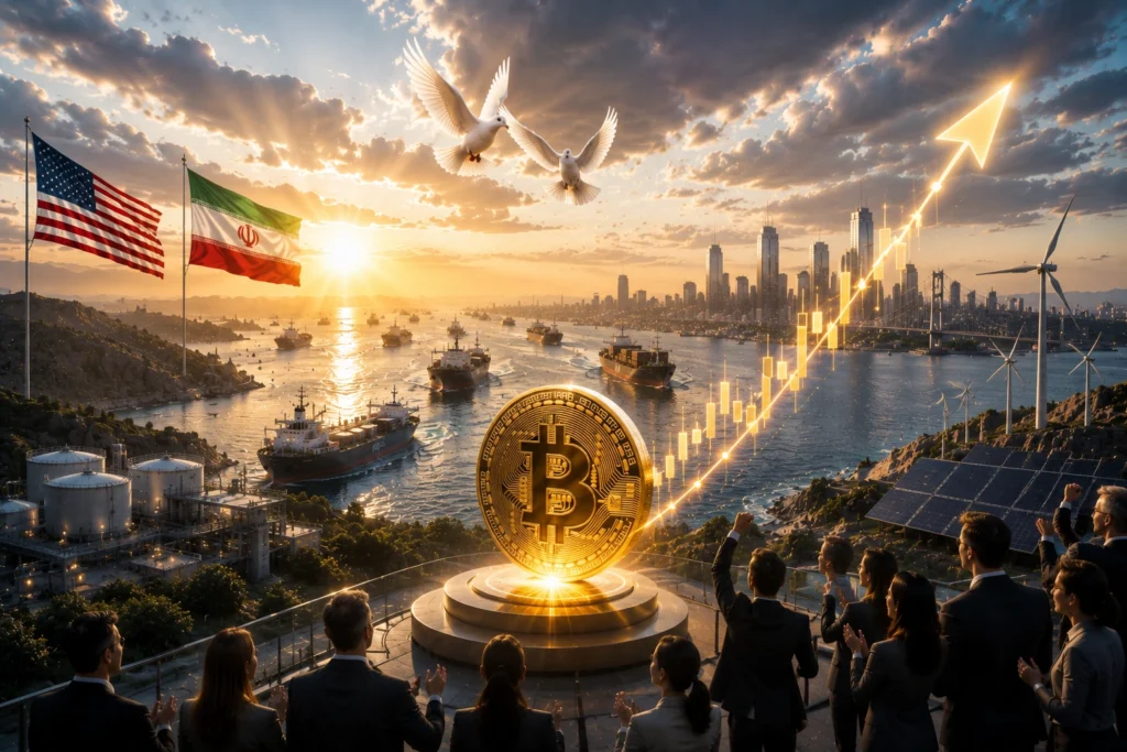 Bitcoin Dekati US$65.000 Setelah Sinyal Damai AS-Iran Bitcoin statue on pedestal as a crowd applauds at sunset beside a harbor and city skyline.