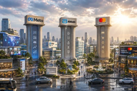 Futuristic city plaza with three giant pillars bearing Meta, Abbott, and Mastercard logos, with people, cars, and fountains nearby.