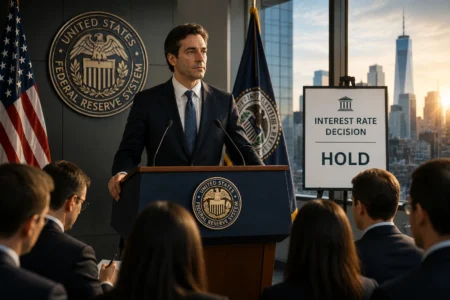 Speaker at a podium during a Federal Reserve press briefing, with the Fed seal and American flag behind him.