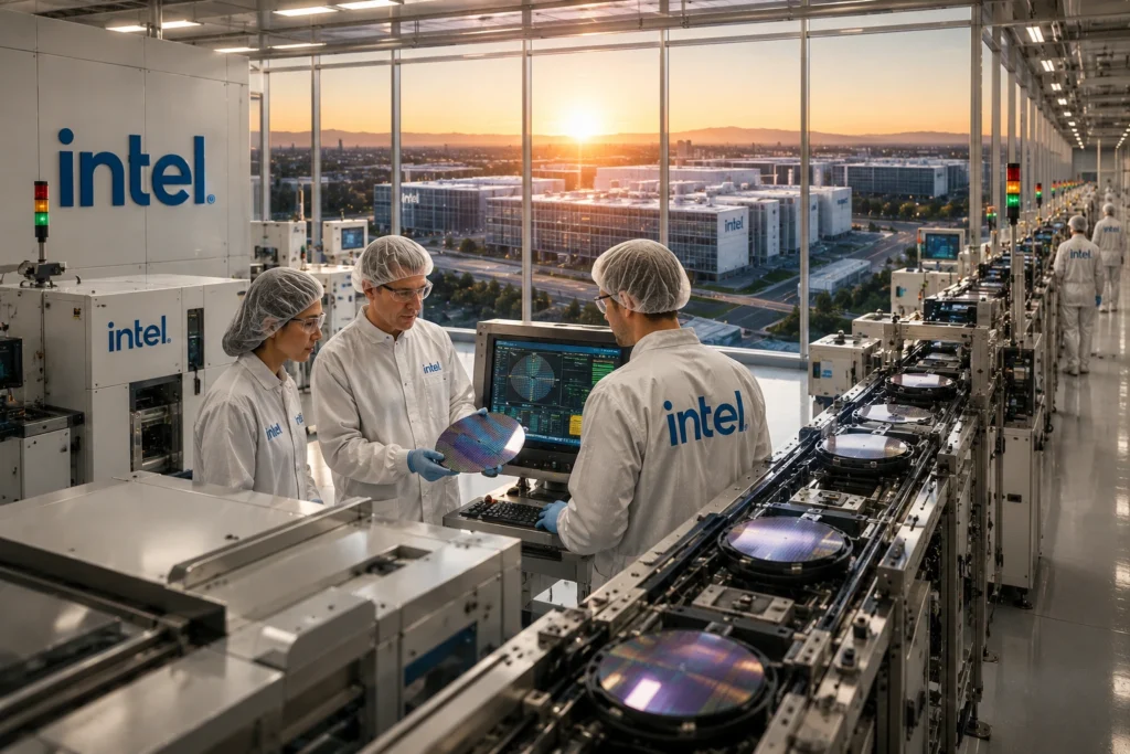 Intel Mulai Produksi Chip 18A-P untuk Kejar Peluang AI Intel engineers in cleanroom suits inspecting a silicon wafer beside an automated production line with a sunset cityscape visible through large windows, branding visible on the equipment