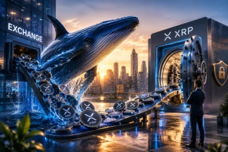 Giant blue whale breaches over a belt of XRP coins feeding into a secure vault with a sunset city skyline behind it.