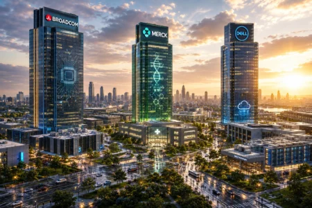 Three glass skyscrapers labeled Broadcom, Merck, and Dell tower over a busy city at sunset, with a central hospital building in the foreground.
