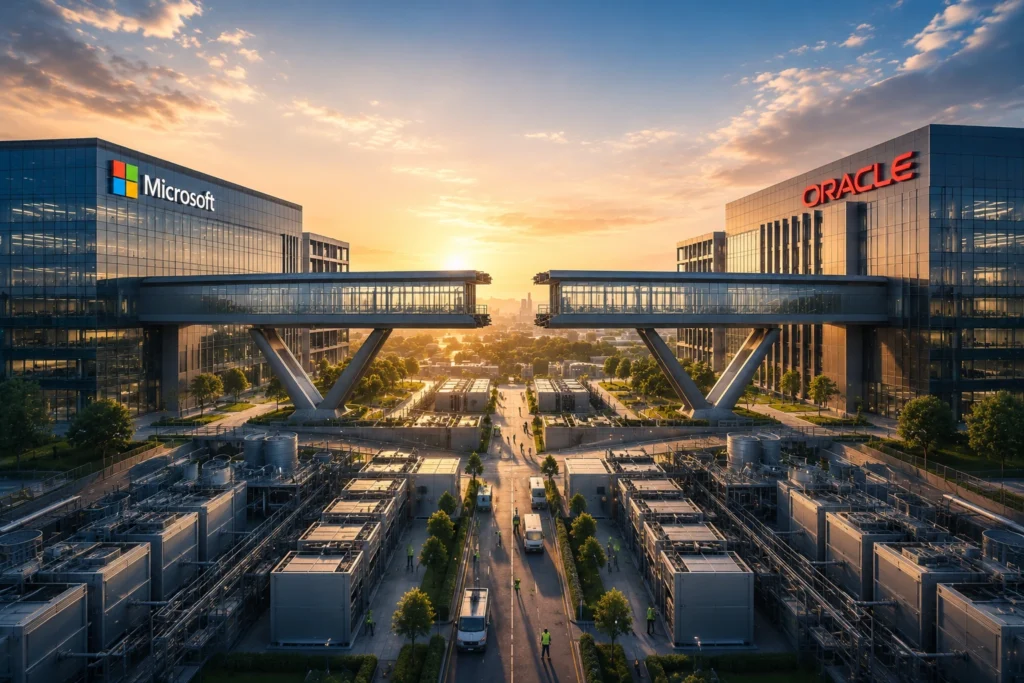 Kesepakatan Cloud Microsoft-Oracle Dikabarkan Gagal Sunset over a high-tech campus with Microsoft and Oracle glass buildings connected by a skybridge, and rows of data centers in the foreground.