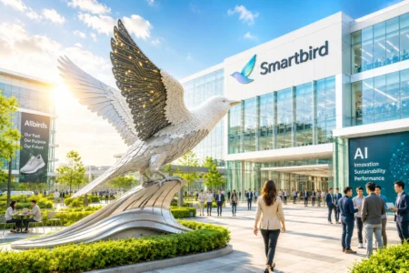 Giant metallic bird sculpture in front of a glass Smartbird building as professionals mingle in the plaza