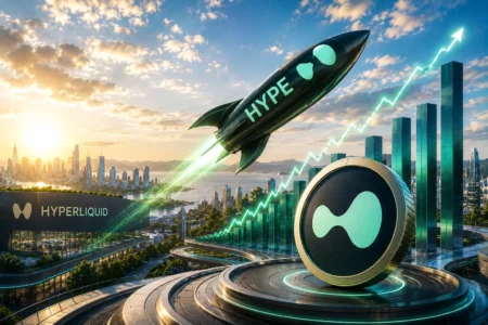 Rocket labeled HYPE launches beside a large Hyperliquid coin with a rising green growth line over a futuristic cityscape.