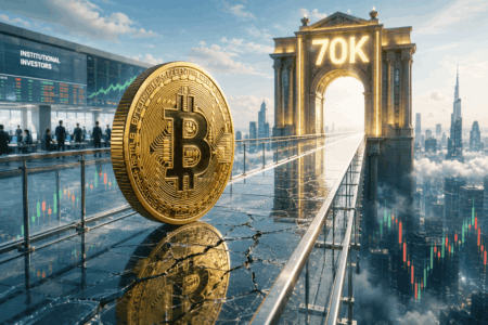 Bitcoin Tembus US$67 Ribu, Bull Trap? Bitcoin coin on a cracked glass platform with a neon '70K' arch, symbolizing crypto price milestone above a city skyline.