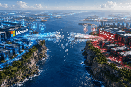 Microsoft Batal Deal Cloud Rp49T Dengan Oracle Blue Microsoft data center cluster on the left and red Oracle cluster on the right are connected by a glowing bridge over a canyon, with labels like AI Data Centers and Cloud Infrastructure and security shields above.