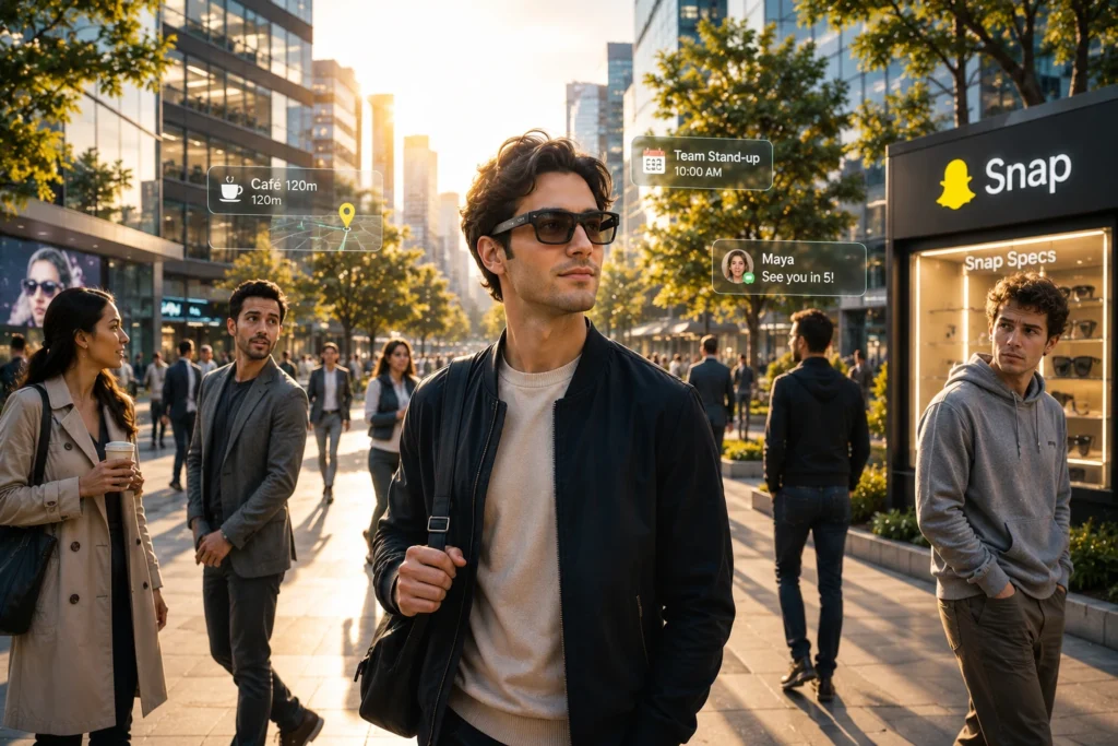 Peluncuran Kacamata AR Snap Tuai Pro dan Kontra Man wearing smart glasses in a sunny city street; AR bubbles show nearby cafe, stand-up meeting, and a message from Maya amid shoppers and storefronts.