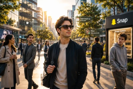 Peluncuran Kacamata AR Snap Tuai Pro dan Kontra Man wearing smart glasses in a sunny city street; AR bubbles show nearby cafe, stand-up meeting, and a message from Maya amid shoppers and storefronts.
