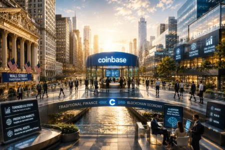 Coinbase Dorong Tokenisasi Saham dan Penasihat AI Circular Coinbase information booth on a glass walkway above a canal, surrounded by skyscrapers at sunset