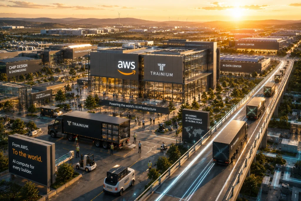 Amazon Siap Jual Chip AI Sendiri, Bidik Pasar Nvidia A futuristic tech campus at sunset with AWS and Trainium logos, data centers, trucks, and people showcasing AI infrastructure.