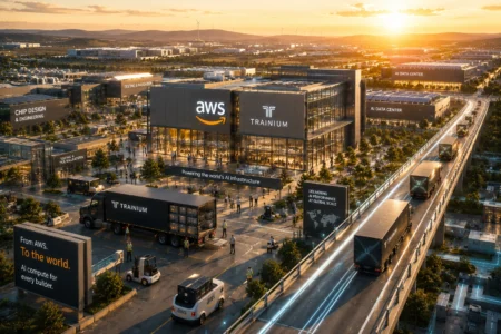 Amazon Siap Jual Chip AI Sendiri, Bidik Pasar Nvidia A futuristic tech campus at sunset with AWS and Trainium logos, data centers, trucks, and people showcasing AI infrastructure.