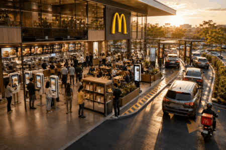 McDonald’s Siapkan Inovasi Menu dan Otomatisasi Busy McDonald's with interior dining visible through glass, outdoor self-order kiosks, and a drive-thru line at golden hour.
