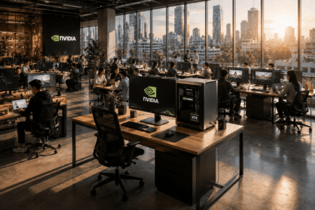 Nvidia Luncurkan RTX Spark, Bidik Dominasi PC AI Open-plan NVIDIA office with engineers at desks, NVIDIA logos on screens, and a city skyline at sunset.