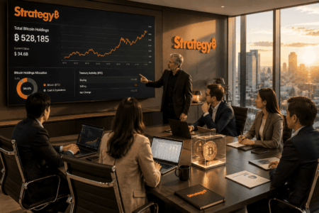 Strategy Buka Babak Baru dalam Strategi Bitcoin Group of professionals in a boardroom watching a Bitcoin market presentation on a large screen labeled StrategyB with charts and figures visible behind them.