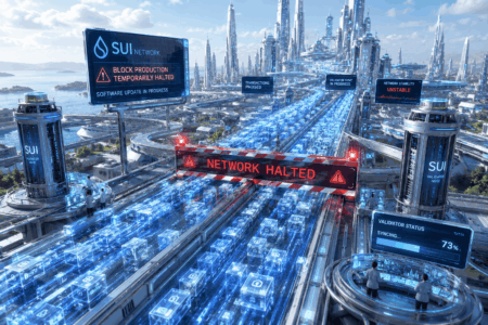 Futuristic data center cityscape with a red 'Network Halted' banner over glowing blue data cubes on a track by the coast.