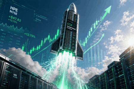 Rocket-shaped HPE data center server launching upward amid rising green stock charts and clouds, symbolizing tech growth.