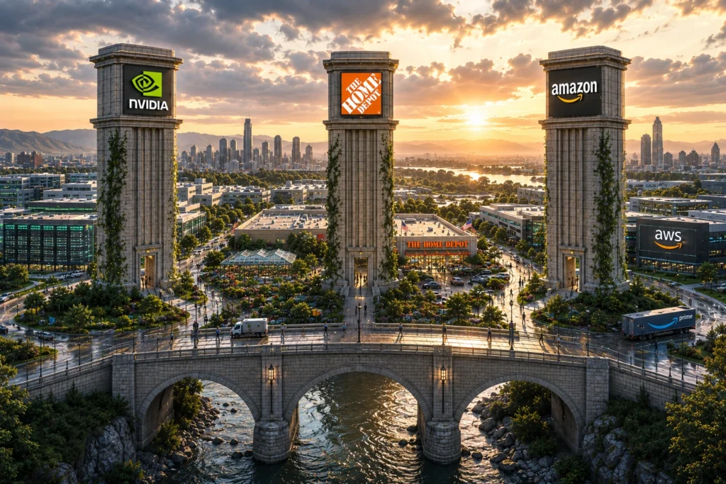 Rekomendasi Saham Hari Ini: NVDA, HD, AMZN (22 Juni 2026) Three stone towers with Nvidia, The Home Depot, and Amazon logos overlook a city skyline at sunset, connected by a stone bridge over a river.