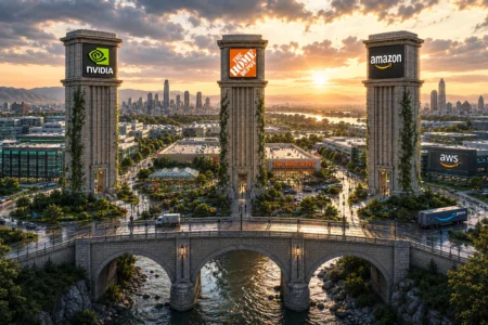 Rekomendasi Saham Hari Ini: NVDA, HD, AMZN (22 Juni 2026) Three stone towers with Nvidia, The Home Depot, and Amazon logos overlook a city skyline at sunset, connected by a stone bridge over a river.