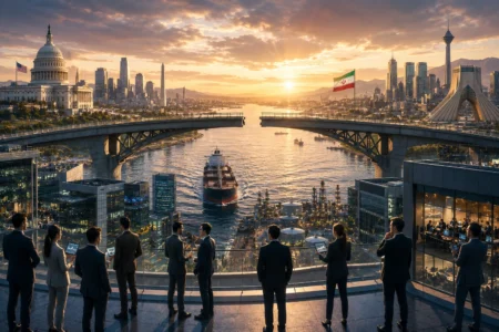 Pasar Waspada, Perdamaian AS-Iran Kembali Diuji Businesspeople in suits stand on a glass-walled terrace overlooking a river, bridge, and city skyline at sunset with flags flying nearby.