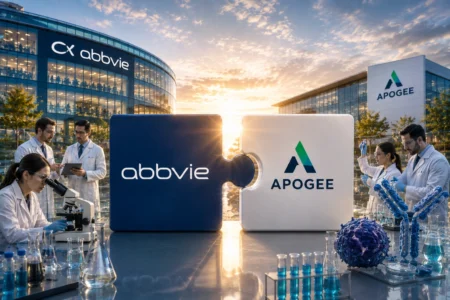 AbbVie Perkuat Bisnis Imunologi Lewat Akuisisi Apogee Two large puzzle pieces display Abbvie and Apogee logos on a sunlit research campus, with scientists in lab coats at a glass-walled building backdrop at sunrise.