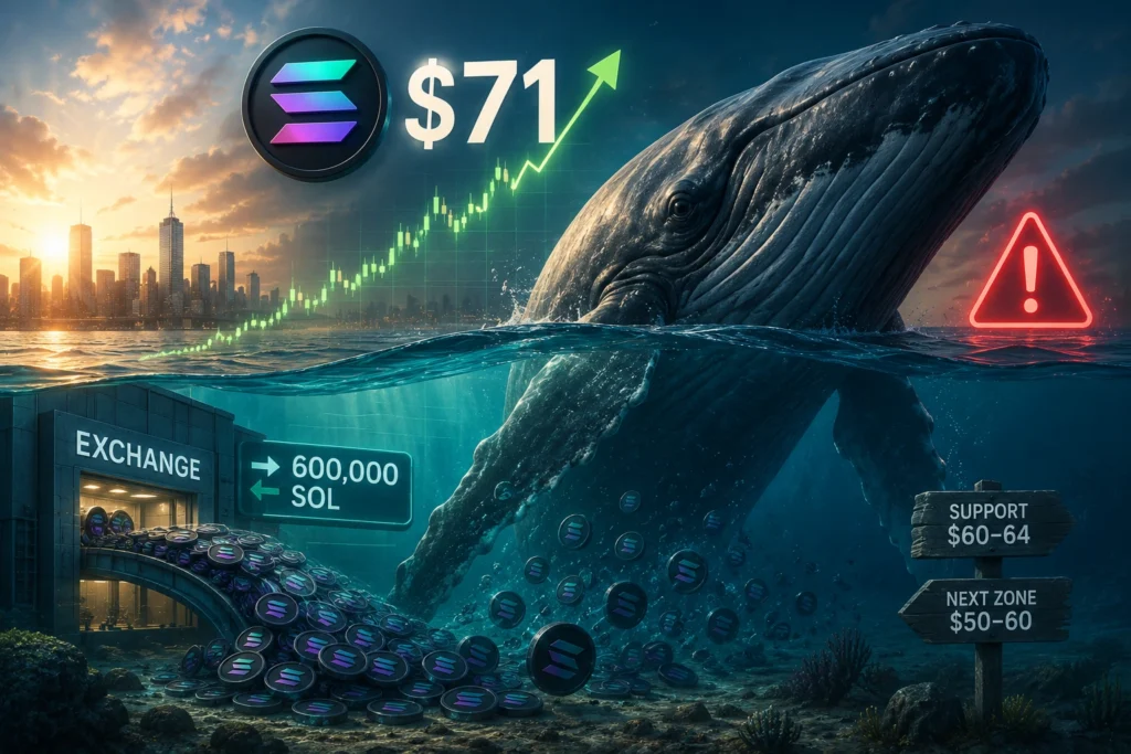 Solana Bangkit ke US$71, Akankah Whale Gagalkan Reli? Whale breaching the ocean beside a crypto exchange scene, with Solana coins drifting underwater and a green upward price line near $71.