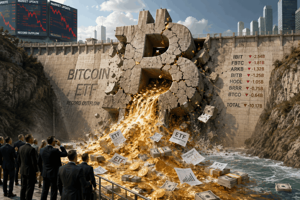 ETF Bitcoin Kehilangan Rp104T dalam Sebulan Dam shaped like a giant Bitcoin symbol cracks open, spilling gold coins, bars, and cash into a swollen river while suited onlookers photograph the scene; market screens show declines.
