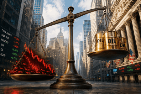 Futures Wall Street Turun, Fokus Iran & Inflasi Bronze balance scale with oil barrels on the right pan and stock market graphs on the left, in a city street backdrop.