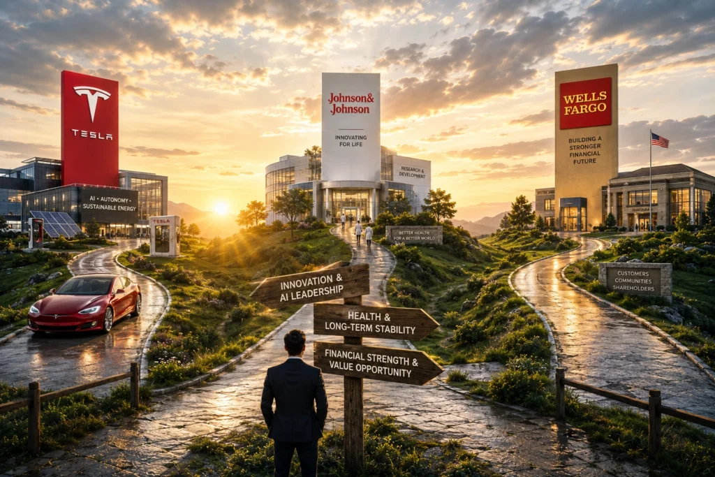 Rekomendasi Saham Hari Ini: TSLA, JNJ, WFC (23 Juni 2026) Man in a suit stands at a signpost with arrows reading Innovation & AI Leadership, Health & Long-Term Stability, and Financial Strength & Value Opportunity at a modern corporate campus at sunset.