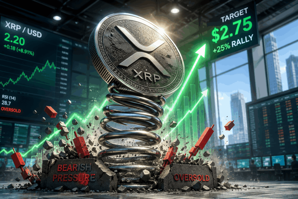Grafik XRP Isyaratkan Reli 25% XR P coin perched on a spiraling spring as bullish market charts surge upward with green arrows in a trading floor setting.