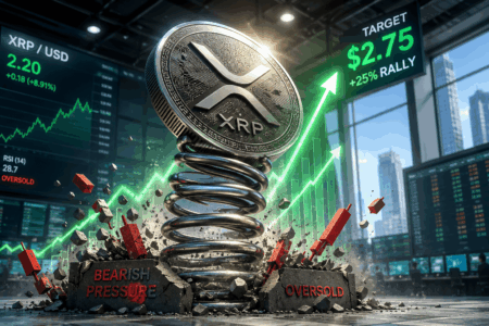Grafik XRP Isyaratkan Reli 25% XR P coin perched on a spiraling spring as bullish market charts surge upward with green arrows in a trading floor setting.
