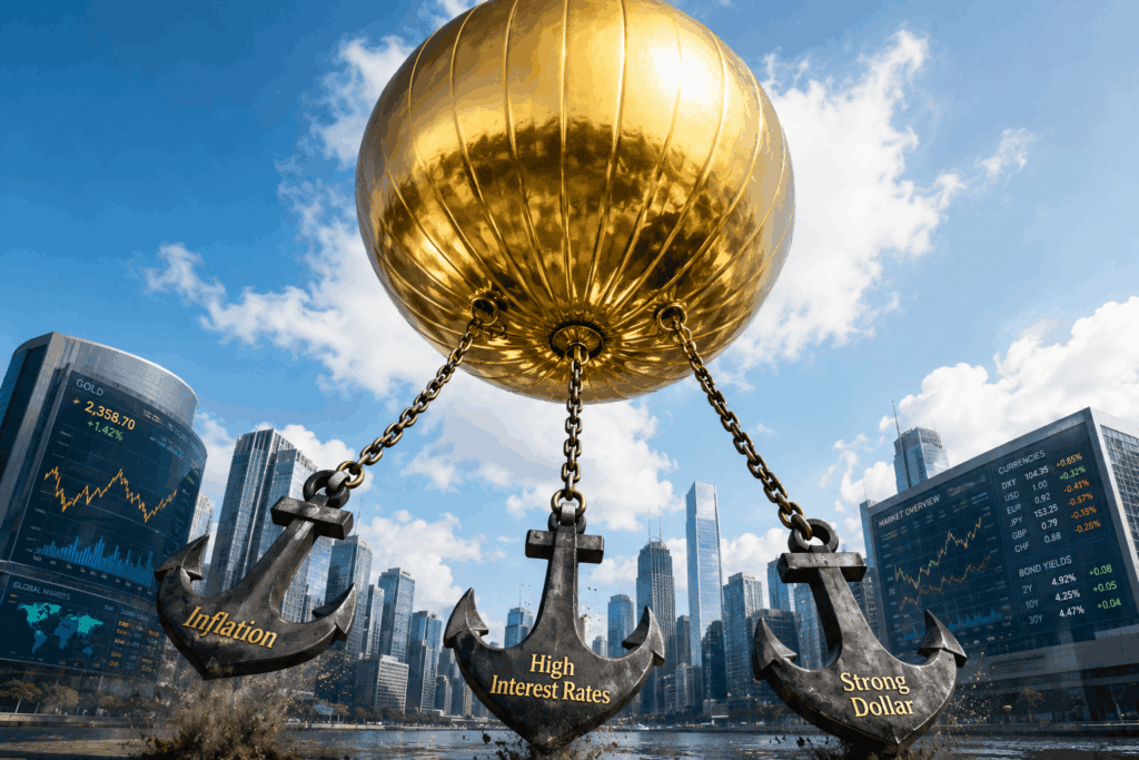 Emas Tertekan, Risiko Inflasi Menguat Giant golden sphere tethered by three anchors labeled 'Inflation', 'High Interest Rates', and 'Strong Dollar' above a city with stock screens.