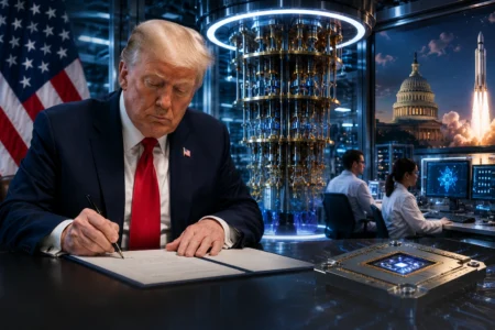 Trump Percepat Ambisi Kuantum AS, Target Komersial 2028 Man in a dark suit and red tie signs a document at a high-tech workspace with a U.S. flag in the background.