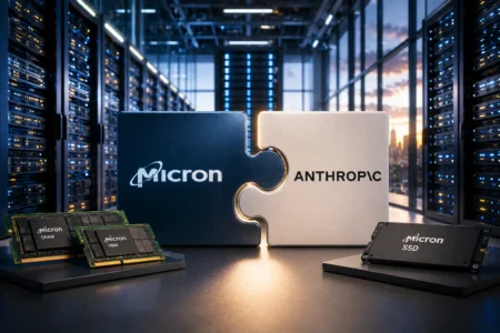 Micron dan Anthropic Sepakati Pasokan Infrastruktur AI Server room foreground with two interlocking blocks labeled Micron and ANTHROPIC, flanked by DRAM, HBM, and SSD modules on a desk
