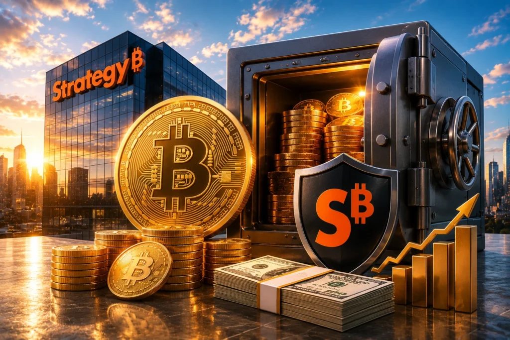 Strategy Tambah 520 BTC, Kas Tembus US$1,4 Miliar Bitcoin and gold coins spilling from a vault next to a shield with a Bitcoin symbol, with a Strategy-building skyline in the background at sunset.