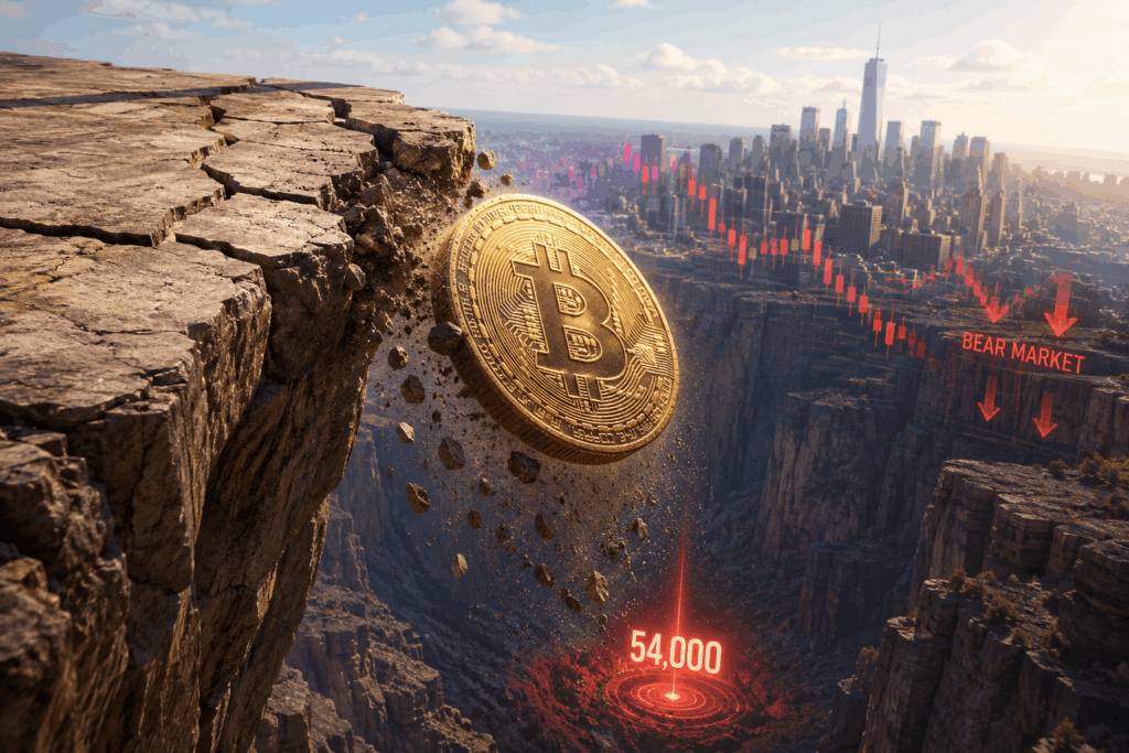 Bitcoin Sentuh Level Terendah 11 Hari, Waspada US$54 Ribu Gold Bitcoin coin tumbling off a rocky cliff toward a glowing 54,000 marker with a city skyline and bear market arrows in the background.