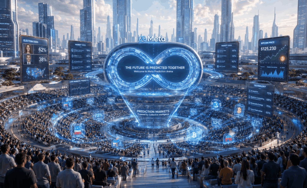 Meta Kembangkan Aplikasi Prediction Market Crowd gathers in a high-tech circular arena around a glowing infinity loop with the text 'The Future Is Predicted Together' on a central screen (Meta Prediction Arena).